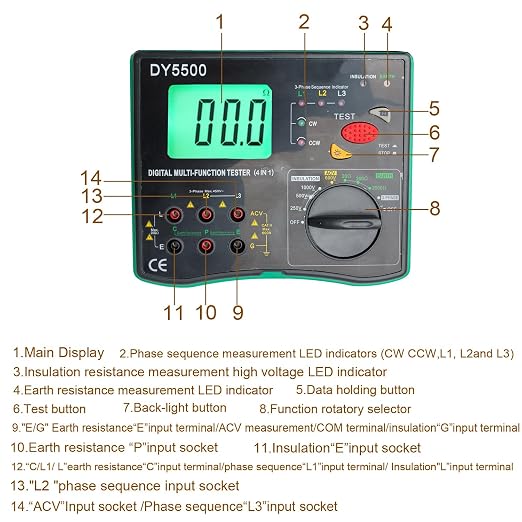 4-in-1 Digital Multimeter with Ground Earth Resistance Tester, Insulation Resistance Tester, Phase Sequence Detector & Voltmeter - 0.01Ω Resolution 600V AC/DC Voltage Measurement Auto-Ranging