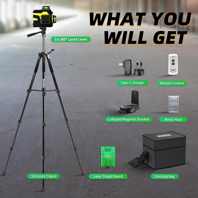 IKOVWUK 3x360° Laser Level with Tripod & Remote, Built-in 5200mAh Battery | Adjustable 59.8-inch Tripod, for Construction and Picture Hanging