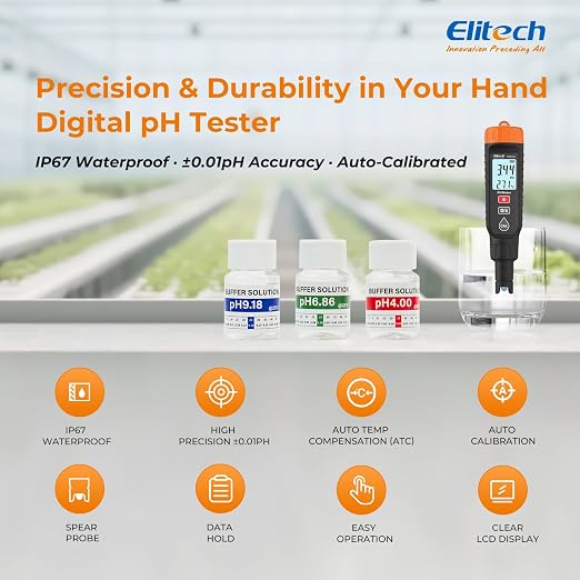 Elitech PHM-230 Professional pH Pen Meter – Digital Tester for pH & Temperature in Hydroponics, Growing Solutions, Drinking Water with ATC & Full Calibration Kit (0.00–14.00) for Plant Health