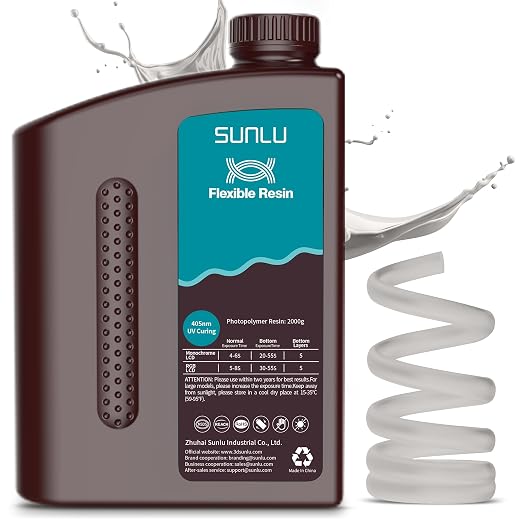 SUNLU Flexible 3D Printer Resin 2KG, 70A 3D Printing Resin for Printing Soft and Flexible Items, Bendable and Not Brittle, Fast Curing 405nm UV Photopolymer Resin. (2000G Gray)