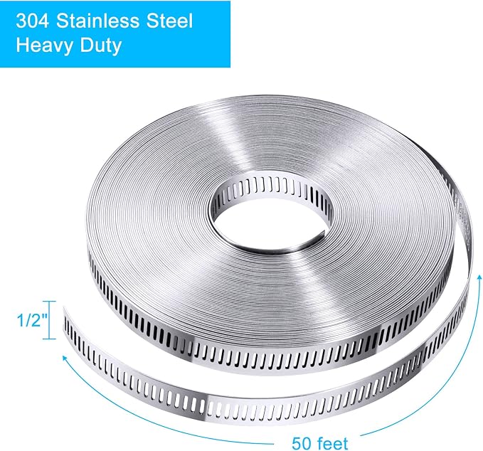 304 Stainless Steel Hose Clamp Assortment Kit DIY, Cut-To-Fit 50 FT Metal Strap+24 Stronger Fasteners, Large Adjustable Worm Gear Hose Clamps Screw Clamps Duct Pipe Metal Clamp Strapping