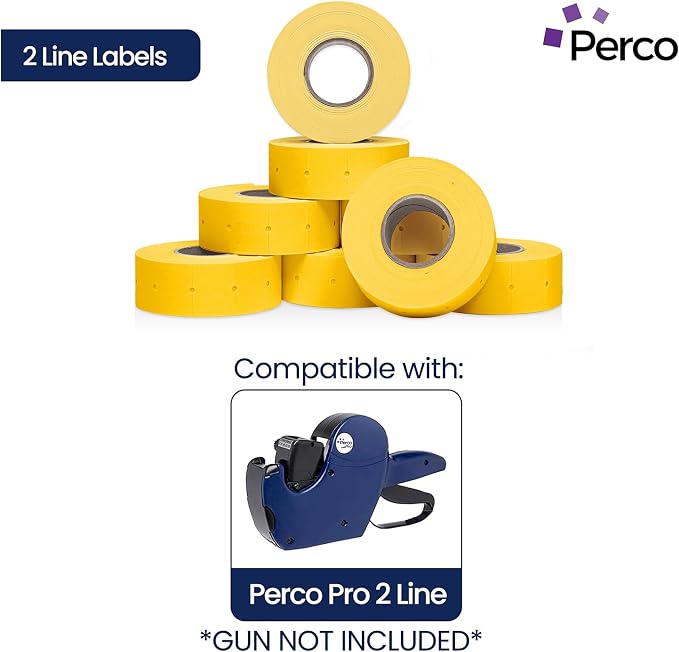 Perco 2 Line Yellow Labels - 60,000 Blank Price and Date Gun Labels for Perco 2 Line Price and Date Guns - 80 Rolls, 10 Sleeves - Made in USA