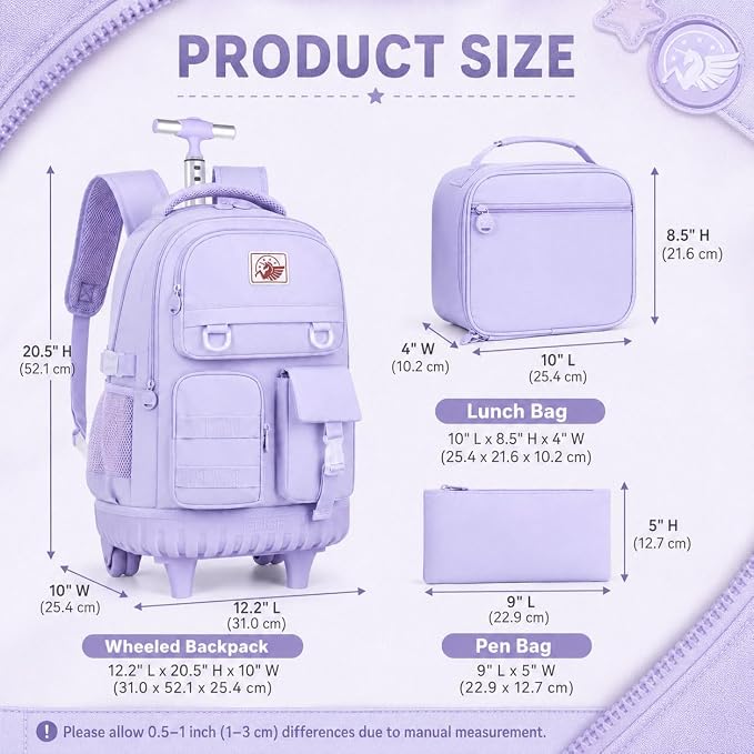 CCJPX Rolling Backpack for Girls Women, 21 inch Roller Wheels School Bookbag, Wheeled Suitcase Backpacks with Lunch Bag for Teen - Purple