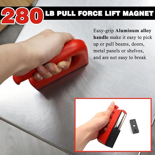 AOMAG 280Lbs Heavy Duty Magnet with Aluminum Alloy Handle, Neodymium Magnetic Pickup Tool for Lifting Metal Objects, Iron Plates, Doors