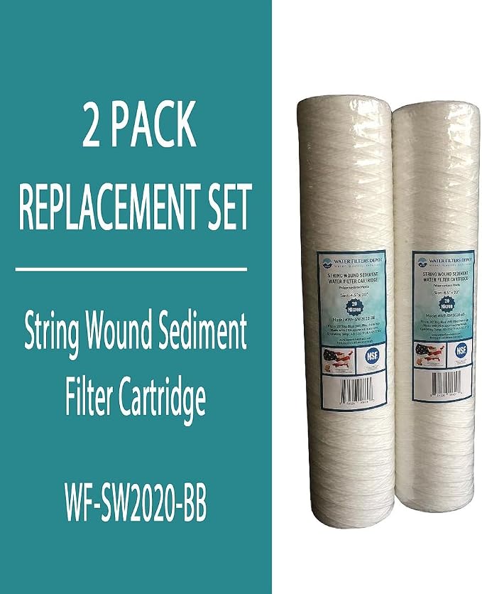 WFD, WF-SW2020-BB 4.5"x20" 20 Micron String Wound Sediment Water Filter Cartridge, Fits in 20" Big Blue (BB) Housings of Whole House Filter Systems (2 Pack, 20 Micron)