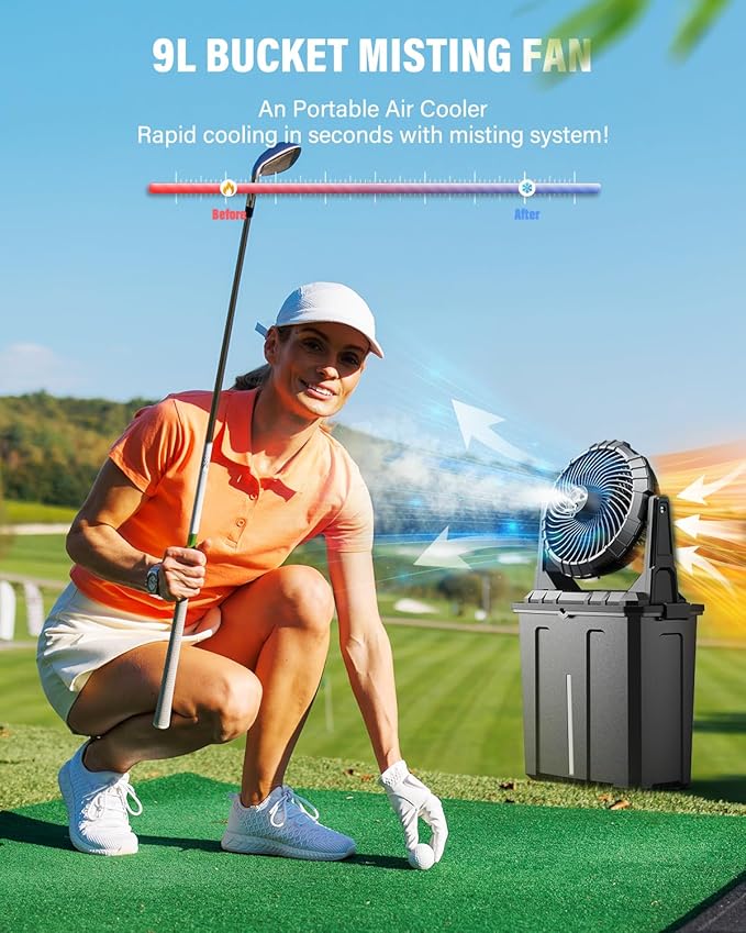 Ausic 10″ 9L Portable Misting Fan, [Max 55Hrs] Golf Cart Mister Fan for Outside Patios, 20000mAh Outdoor Rechargeable Battery Operated Water Cooling Fan, Summer Camping Essentials - 3 Spray Misters