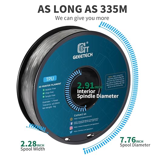 GEEETECH Flexible TPU Filament 1.75mm, TPU Filament 95A for 3D Printer, 1kg Spool, Transparent