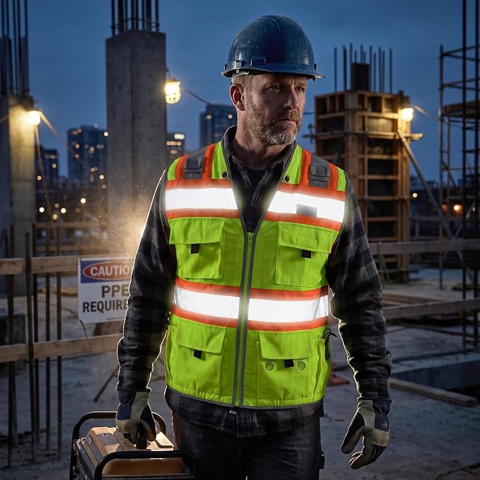 Surveyor Safety Vest with 8 Pockets, ANSI Class 2 High Visibility Vest for Men & Women