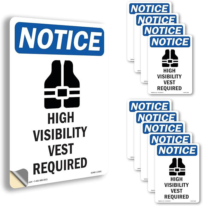 High Visibility Vest With Symbol OSHA Notice Vinyl Decal Label 7 Inch x 5 Inch - 10 Pack