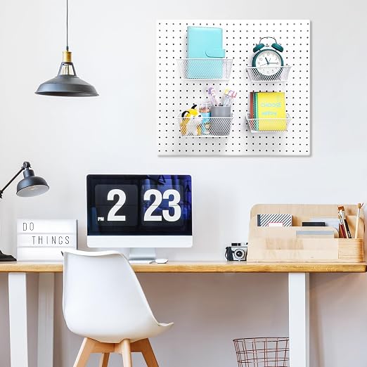 Sieral 4 Pcs Pegboard Baskets Metal Wire Shelf Baskets Peg Board Organizer Accessories Wall Mount Organizer Attachments for Garage Workbench Various Tool Accessories, 2 Sizes (White,Small, Medium)