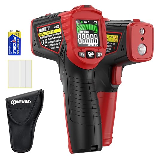 KAIWEETS Laser Tachometer Digital RPM Meter Non Contact Motor Speed Tester 10-99999 RPM, Handheld Tachometer with Large LCD Display, Max Min Memory, Reflective Tape for Engines Motors Fans