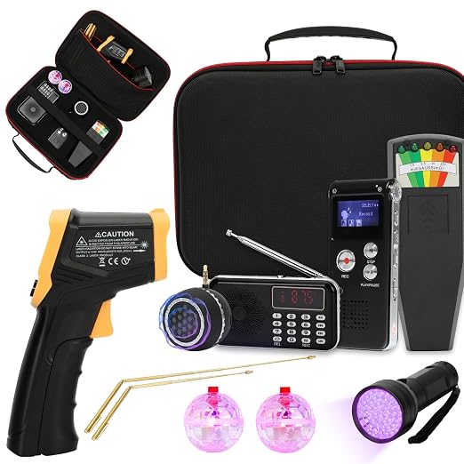 11 Pcs Ghost Hunting Kit with 1 EMF Meter,1 EVP Recorder, 1 Spirit Box,1 Speaker,1 Infrared Thermometer,1 UV Light,2 Brass Detection Rods,2 LED Light up Cat Balls & 1 Carrying Case