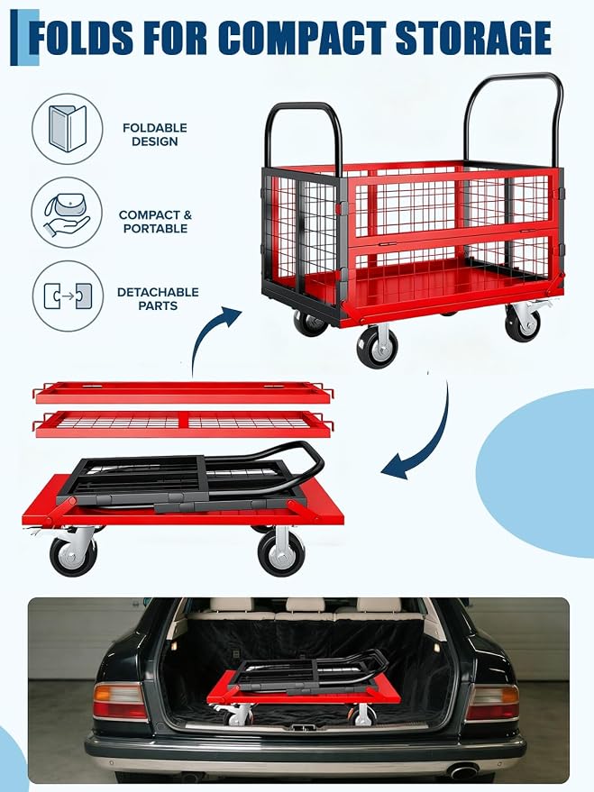 6-in-1 Collapsible Platform Truck Cart – Heavy Duty 1800lbs Capacity – Cage Design – 4 Caster Wheels (2 Locking) – Versatile Flatbed Hand Truck for Warehouse, Garage, Laundry, Grocery