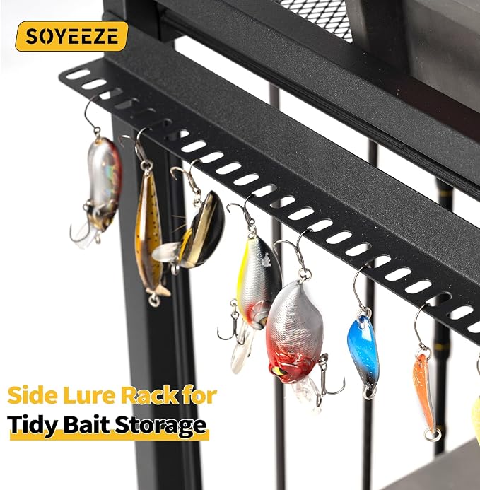 SOYEEZE Large Size Fishing Rod Holders for Garage, 3-Tier Fishing Pole Rack with Pegboard and Hooks, Fishing Gear Tackle Box Organizer Up to 12 Rods, Rolling Fishing Storage Cart with Lockable Wheels