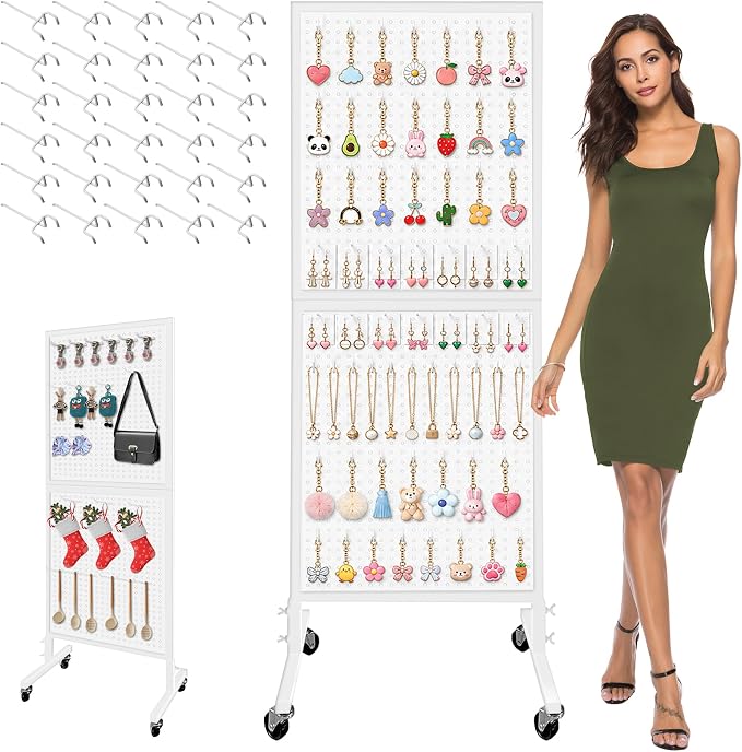 Royxen Metal Pegboard with 30 Hooks and Wheels,2 x 5.5 Feet Pegboard Display Rack, Standing Pegboard Display for Home and Store, White