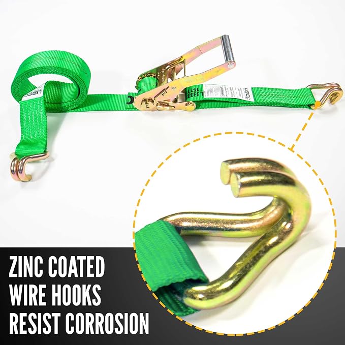 US Cargo Control J Hook Ratchet Straps 2 Inch x 18 Foot (2-Pack), 10,000 LBS Break Strength, Heavy Duty Ratchet Straps with Double J-Hooks, Green Tie Downs for Trucks, Trailers, Securing Cargo