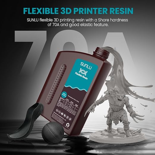 SUNLU Flexible 3D Printer Resin, 70A 3D Printing Resin for Printing Soft and Flexible Items, Bendable and Not Brittle, Fast Curing 405nm UV Photopolymer Resin. 1000G Gray