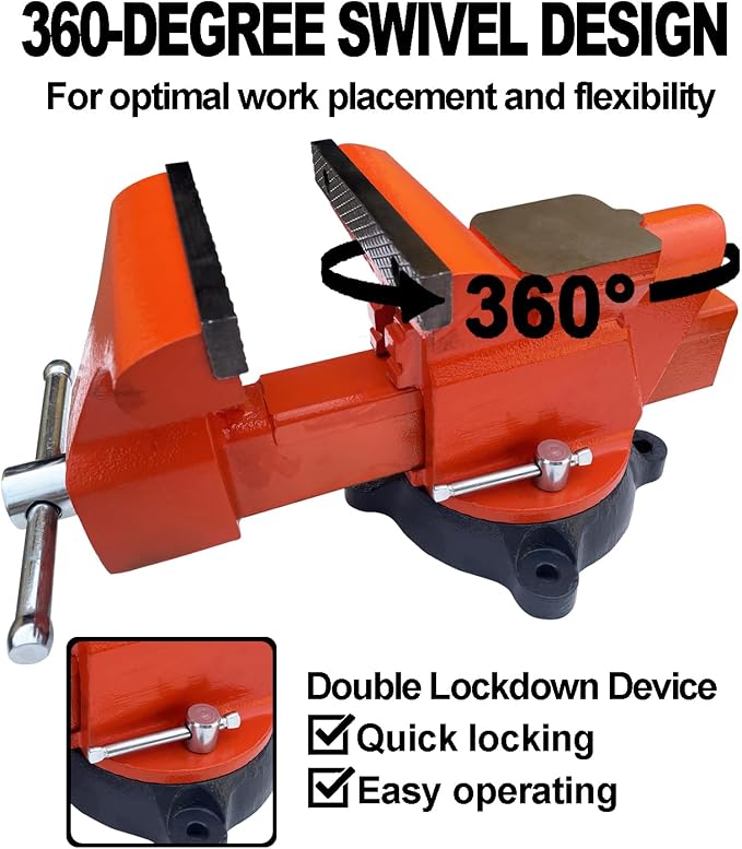 Bench Vise 6 Inch Jaw Width 5.5 Inch Jaw Opening Home Vise - Secure Grip with 360° Swivel Base Home Vise Rotation Base - Assembled with a Combination of Heavy Duty Cast Iron and Steel - Orange