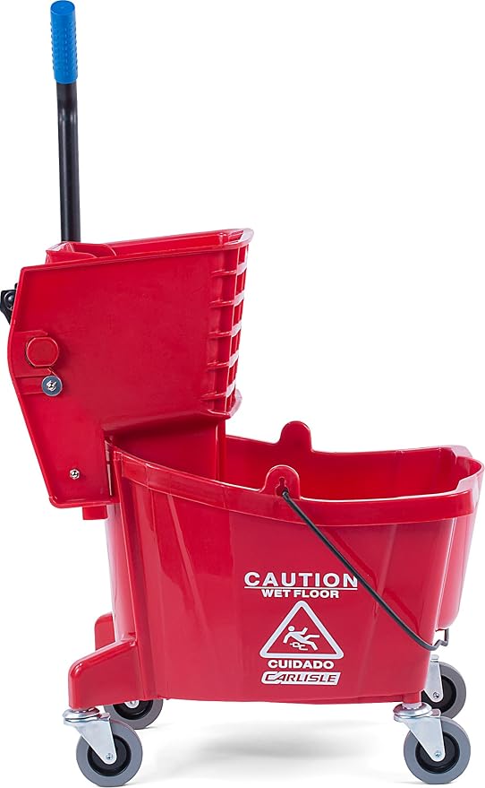 Carlisle FoodService Products Sparta Commercial Mop Bucket with Side Press Wringer, 26 Quart, Polypropylene, Red, 1 Count