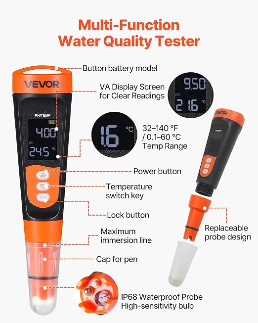 VEVOR pH Meter, 0-14 pH Range, IP68 Waterproof Probe, Pocket Tester Kit with Calibration Powder Packets, VA Display Screen, for Drinking Water, Hydroponics, and Aquarium Water Quality Testing