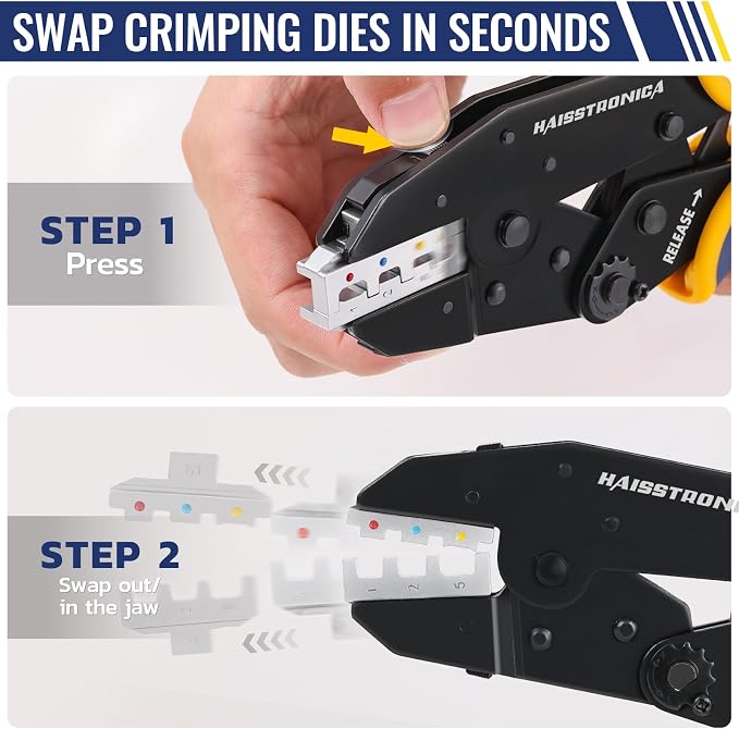 haisstronica 6 in 1 Crimping Tool Kit, Professional Ratchet Wire Crimper with 6 PCS Interchangeable Dies for Heat Shrink, Non-Insulated,Ferrule,Open Barrel,Insulated Connectors, Men Tool Gifts