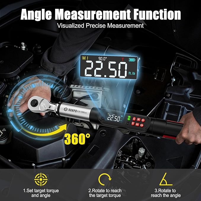 VANPO 3/8 Drive Digital Angle Torque Wrench 5-99.6 Ft.lb, ±2% Accuracy | 6.8-135 Nm Electronic Torque Wrench, Buzzer LED Vibration Alarm, Perfect Tools for Car, Motorcycle & Engine Repair