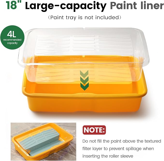 VOOMEY 12-Pack Paint Tray Liners 18 Inch, Disposable Paint Roller Tray Liners for 18” Paint Trays, Deep-Well Paint Pan Liners, Easy Clean & Quick Color Change(Compatible with 18 Inch Paint Trays Only)