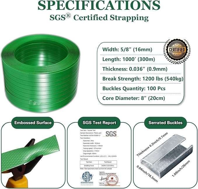 Banding Strapping Kit, Pallet Strapping Kit, Packaging Banding Tool with 5/8" Width, 1000' Length Polyester Strapping Coil Roll and Dispenser Box – Heavy Duty Certified 1200 lbs Break