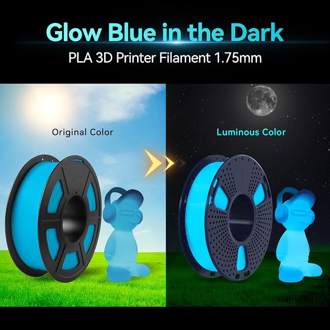 SUNLU Glow in the Dark PLA Bundle, Neatly Wound Luminous 3D Printer Filament 1.75mm, Dimensional Accuracy +/- 0.02mm, 250g Spool × 8 Packs (Black White Red with 5 Spools of Glowing Green/Blue/Orange)