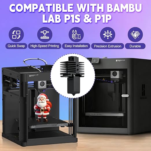 2 Pack Hotend Kit for Bambu Lab P1P/P1S, 3D Printer Hot End Replacement with Hardened Steel Nozzle 0.2/0.4/0.6mm, High Speed & Temperature Extruder Heating Block Hot End for Bambu Lab P1P/P1S
