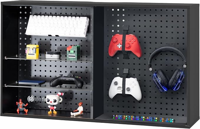 Life Finds Pegboard Cabinet with Glass Door, Wall Mounted or Freestanding Storage Display Case, Black, LF-GDPC1