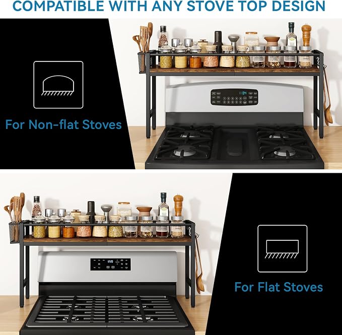 YMYNY 32.5" Spice Rack Over Stove Kitchen Organizer Vintage Brown UHSR008H | With 4 hooks & side basket, this shelf adds extra countertop storage for spices, utensils, oil bottles and kitchen essentials