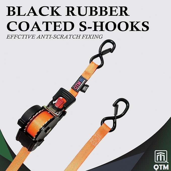 QTM 2-Pack Orange Retractable Ratchet Straps Stainless Steel Spring, 1" x15' with Soft Loops, Heavy Duty, 2,000lbs Breaking Strength, with Storage Bag
