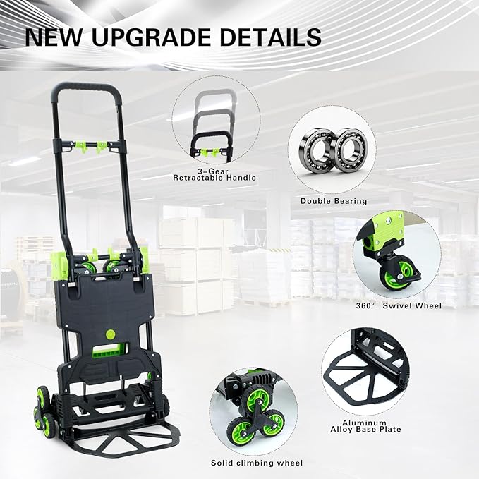 2-in-1Folding Hand Truck with Stair Wheels,330LB Portable Hand Truck Foldable Dolly for Stairs,Stair Climbing Dolly with Telescoping Handle for Supermarket,Home,Warehouse(Green)