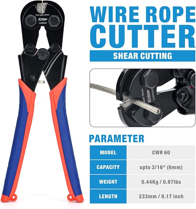 iCrimp IWS-1608B Wire Rope Crimping Tool for Aluminum Loop Sleeves, Duplex Oval Cable Ferrules 1/16’’ to 3/16’’, c/w Wire Rope Cable Cutter