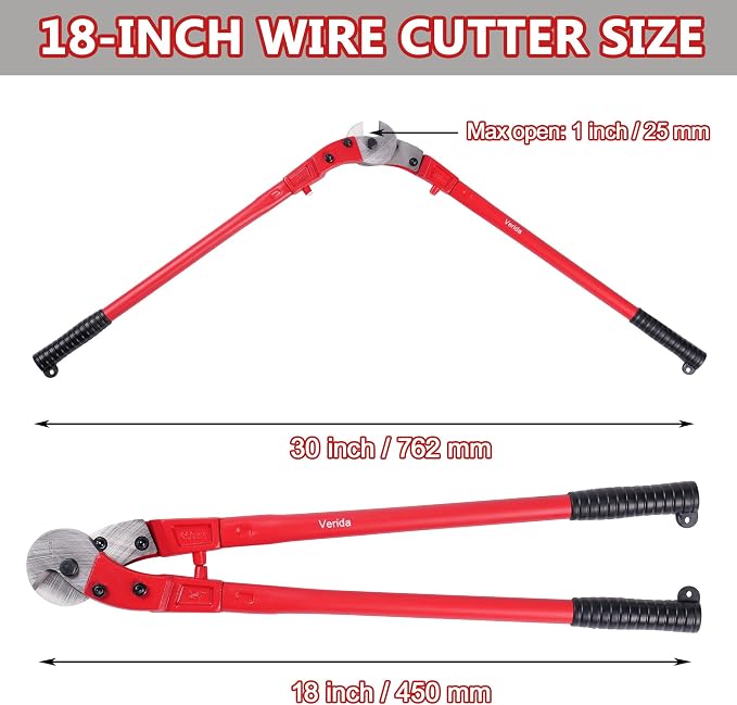 Verida Wire Cutters 18 inch, Industrial-Grade Heavy Duty Wire Rope Cutter, Chrome Vanadium Steel, Hardness 65 HRC. for Stainless Steel Wire and Hard Wire Ropes, Red