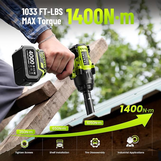 Robustrue 1400N.m (1032ft-lbs) Cordless Impact Wrench, 1/2" Brushless High Torque Impact Gun, 11Pcs Tire Repair Kit, 2x4000 mAh Batteries, Fast Charger, Impact Driver for Car Home/Truck RV/Mower