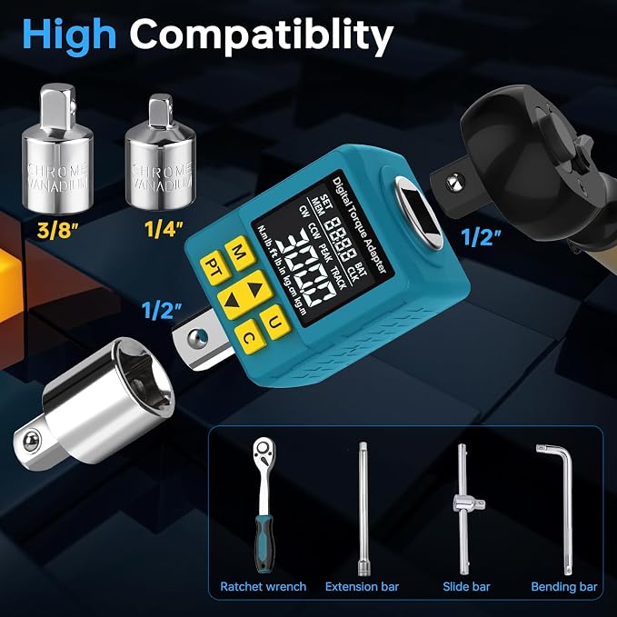 Heavy-duty Digital Torque Adapter, (±1% Accuracy, 40-300Ft-lb), 1/2" Digital Torque Wrench Adapter for Auto, Versatile Meter - Alert | Peak/Track | Preset | Store/Delete, for Machinery Repairs(406N.m)