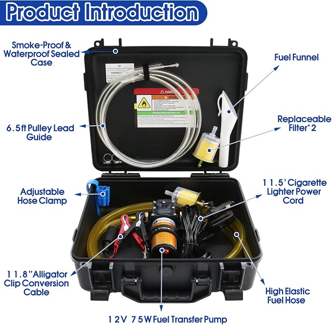 12V 75W Electric Fuel Transfer Pump Set, Gasoline Transfer Pump Kit Moves Up to 110 Gallons of Gas or Diesel Per Hour, Electric Gas Pump for Vehicles, Boats, UTV, Tractors