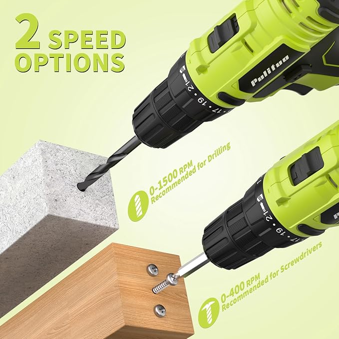PULITUO 20V Max Cordless Drill/Driver Set with Storage Bag, 2 Batteries, 30Nm, 21+1 Torque, 2 Speed, Keyless 3/8" Chuck, LED Light, Electric Screwdriver Function, Home Kit (Green)