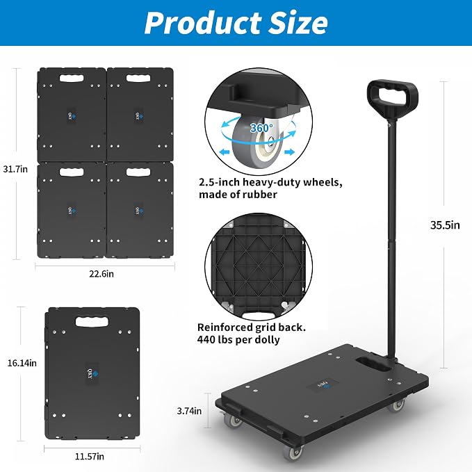 Furniture Dolly with Removable Pull Handle, Maximum Load 1760LBS, Connectable Heavy Duty Moving Dolly Cart, 4 Wheel Flat Dolly with 2.5in 360° Rotatable Rubber Wheels for Home Garage Black 4Pack