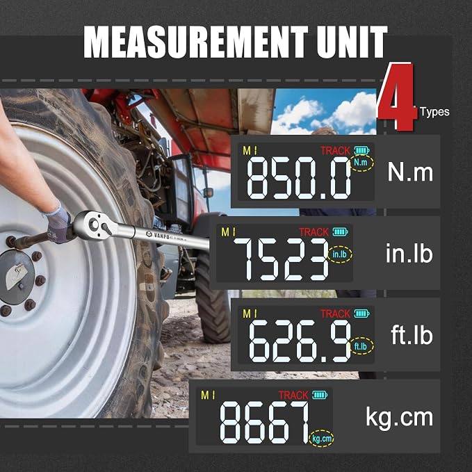 VANPO Digital Torque Wrench 3/4-Inch 31–627 ft-lb for Heavy Equipment | ±2% Accuracy, Electronic Torque Wrench with LED, Buzzer, Vibration Alert for Heavy Truck, Industrial Equipment & Agricultural