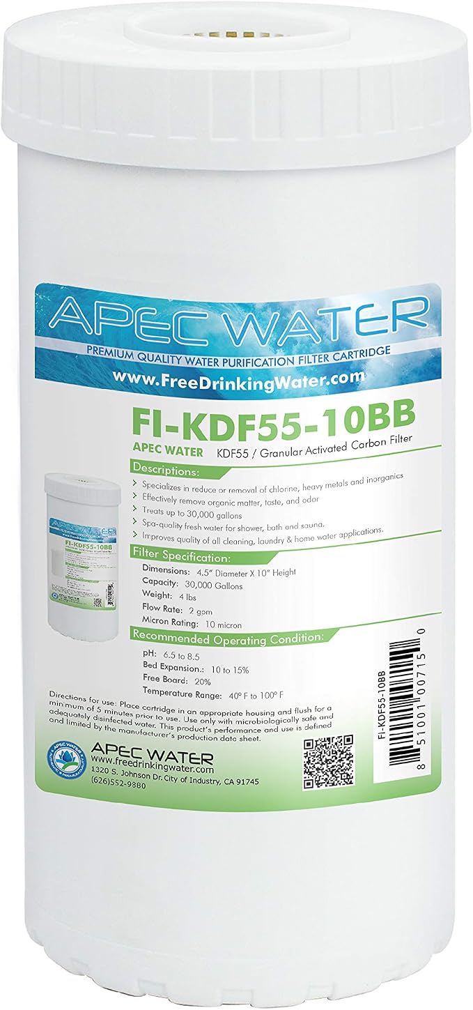 APEC Water FI-KDF55-10BB GAC Carbon Water Filter Whole House Replacement Cartridge; Heavy Metals, Chlorine & Bacteria Reduction, 4.5" x 10"