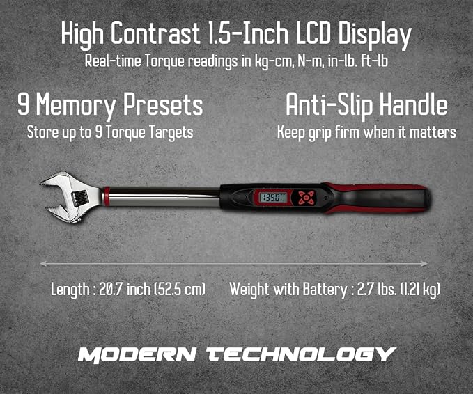 Tapha Tools Adjustable Digital Torque Wrench 5 - 99.5 ft-lbs (6.8 - 135 N-m) Torque Range, 5 - 30 mm Adjustable Jaw, LED and Buzzer Notification, Preset Memory, ISO 6789 Tested and Calibrated