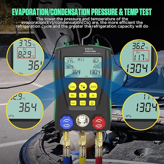 HVAC Gauges Digital Manifold Gauge Set Dual Pressure&Temp Test 89 Refrigerant Gauges R22 R134A R410A Refrigerant Recharge Kit HVAC Manifold Vacuum AC Gauge with Hoses for Air Conditioning/Refrigerator