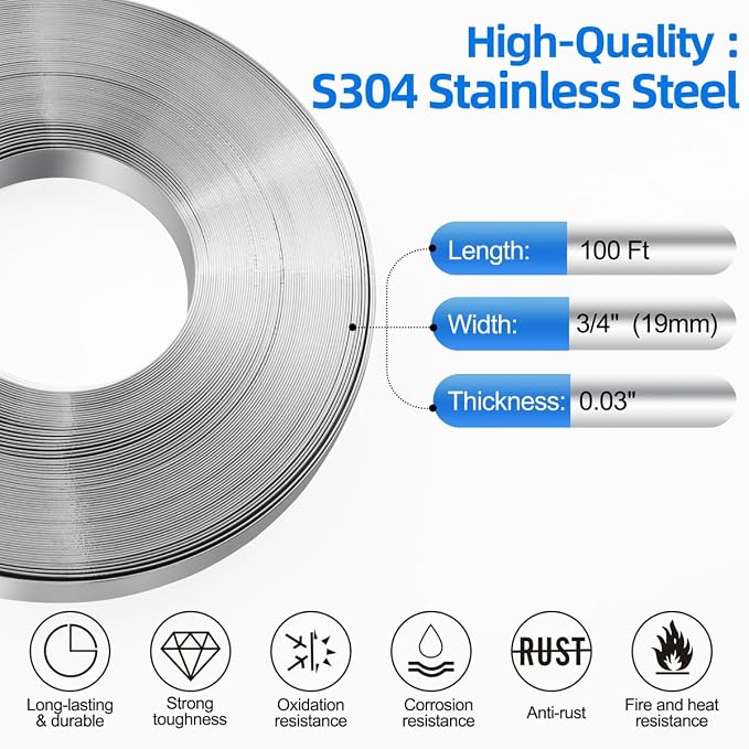 Steel Strapping Banding Kit, Heavy Duty Banding Tensioner & Cutting Tool for 3/4'' Width 100Feet Length 304 Stainless Steel Band Coil, 100pcs Steel Ear-Lokt Buckle