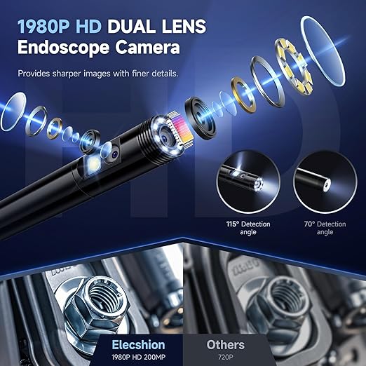 Endoscope Camera with Light, Dual-Lens 1920P HD Borescope with 8+1 Adjustable LED Lights, IP67 Waterproof Inspection Camera 16.5FT Semi-Rigid Snake Camera for iOS & Android (2 Interface)