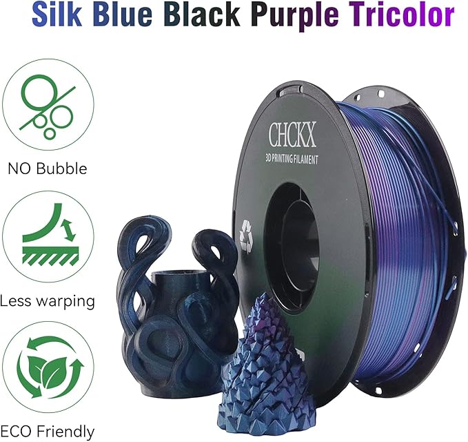 PLA 3D Printer Filament, Triple Color Silk PLA Filament, Dimensional Accuracy +/- 0.02 mm, 1 kg Spool(2.2lbs), 1.75 mm, Black Blue Purple