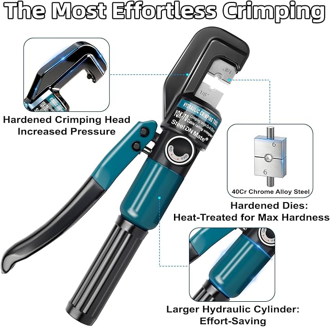 Hydraulic Crimping Tool for 1/8"-3/16" Cable Railing, Easy One-Hand Use, 10-Ton Crimper with 9 Harden Dies for 12-2/0 AWG, Steel DN Mate Durable Wire Crimper, Battery Cable Crimper DC01