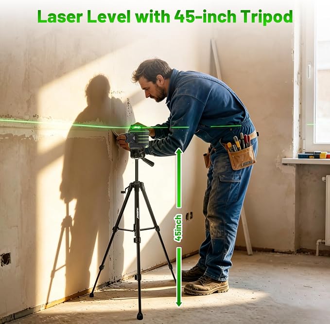 Huepar 360 Laser Level with Tripod, Self-Leveling Green Lazer Leveler Tool | 60-inch Drop Protection, Premium Storage Case, Full Accessory Set, Pulse Mode, Brightness Adjustment, Green Glasses